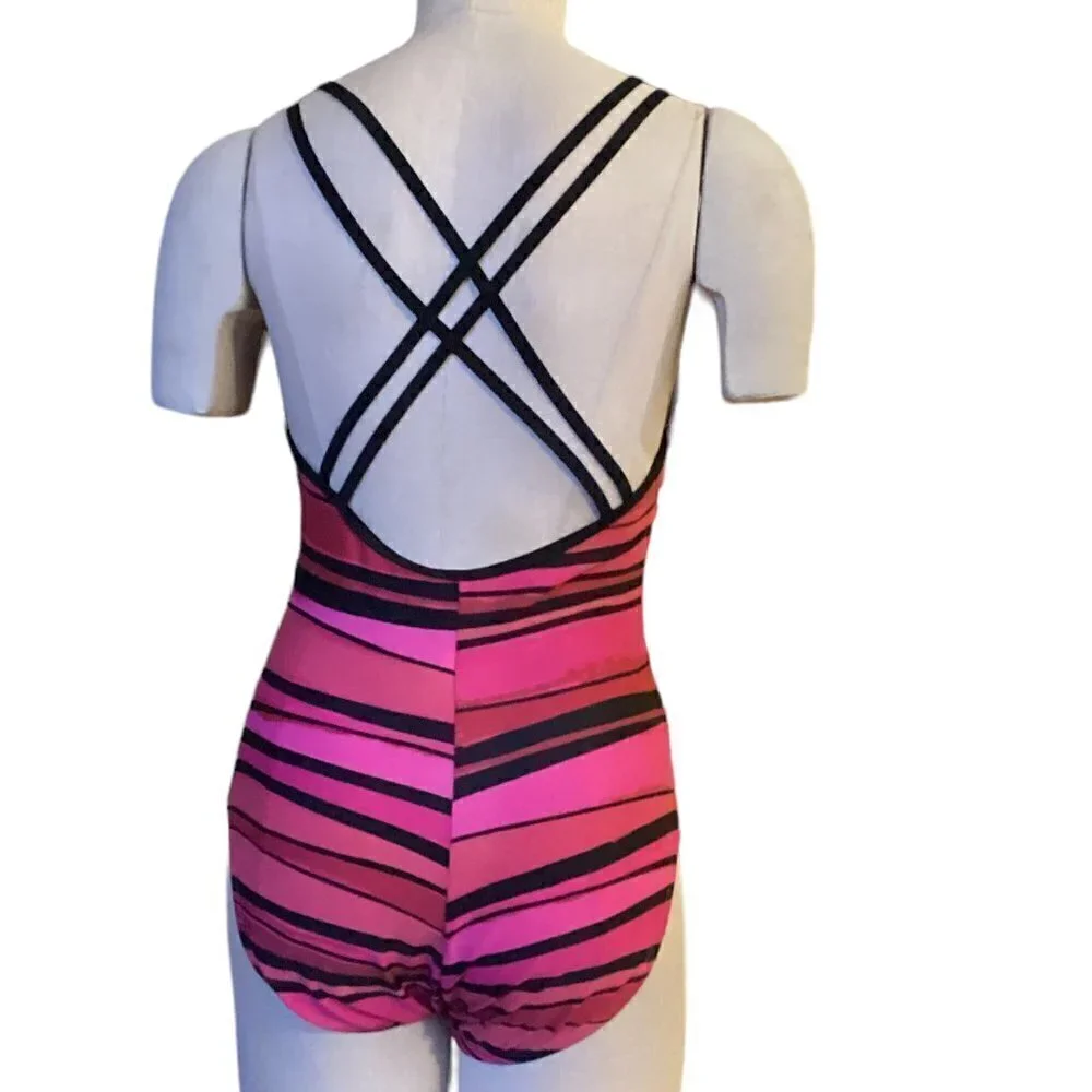 Speedo Striped One-Piece Swimsuit Cross Strap‎ Girls Sz 10 Pink Red Black #170J